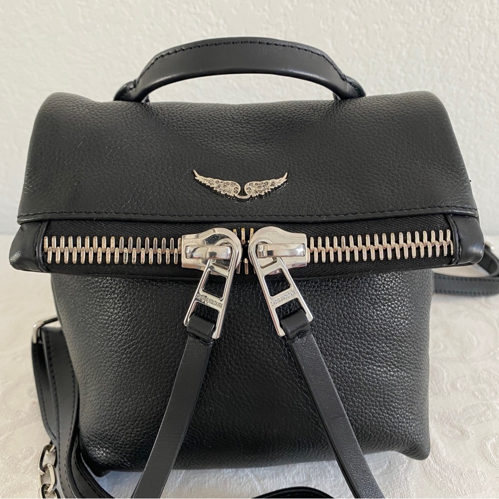 Black Leather Mini Backpack With Silver Details - image 7